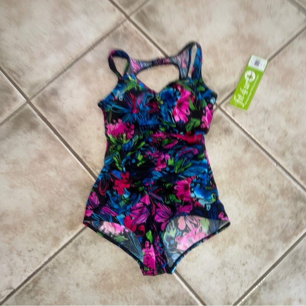 Fit 4 ur TUMMY Black/Multicolor Floral 1-Piece Women's Swimsuit Size 10 $98